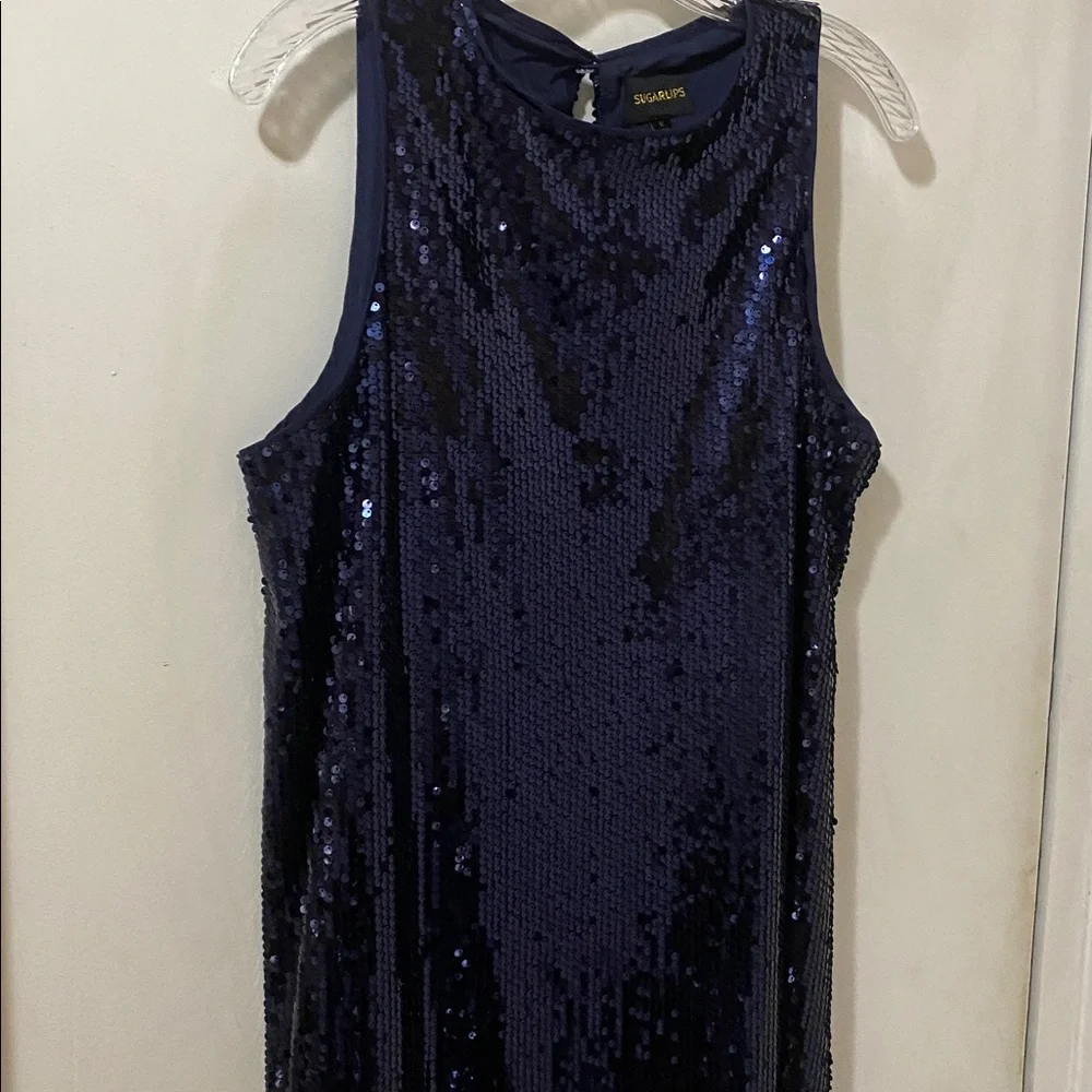 “Party Dress” Sequins Shimmering Midnight Blue Mini Dress by Sugarlips - Picture 8 of 11